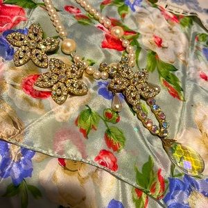 Maria Elena Pearl Swarovski Aurora Borealis Crystal 22” Necklace & Clip Earrings